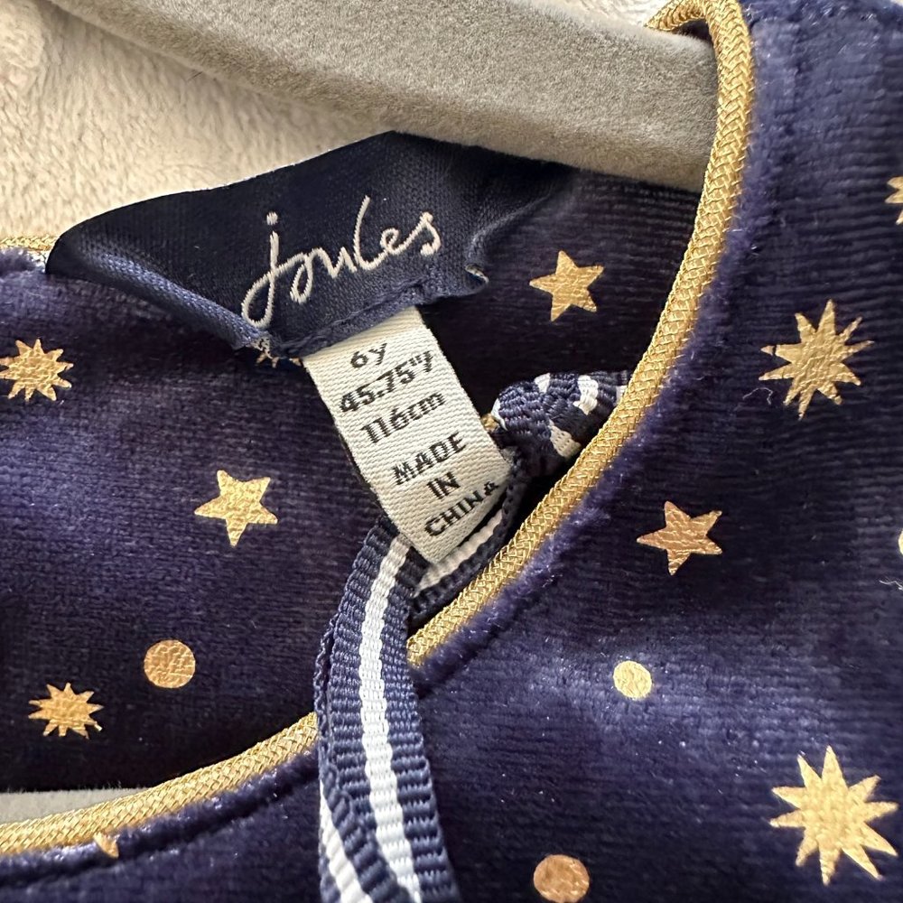 Joules Girls' Navy Velvet Star-Print Dress with Gold Trim - Picture 9 of 9